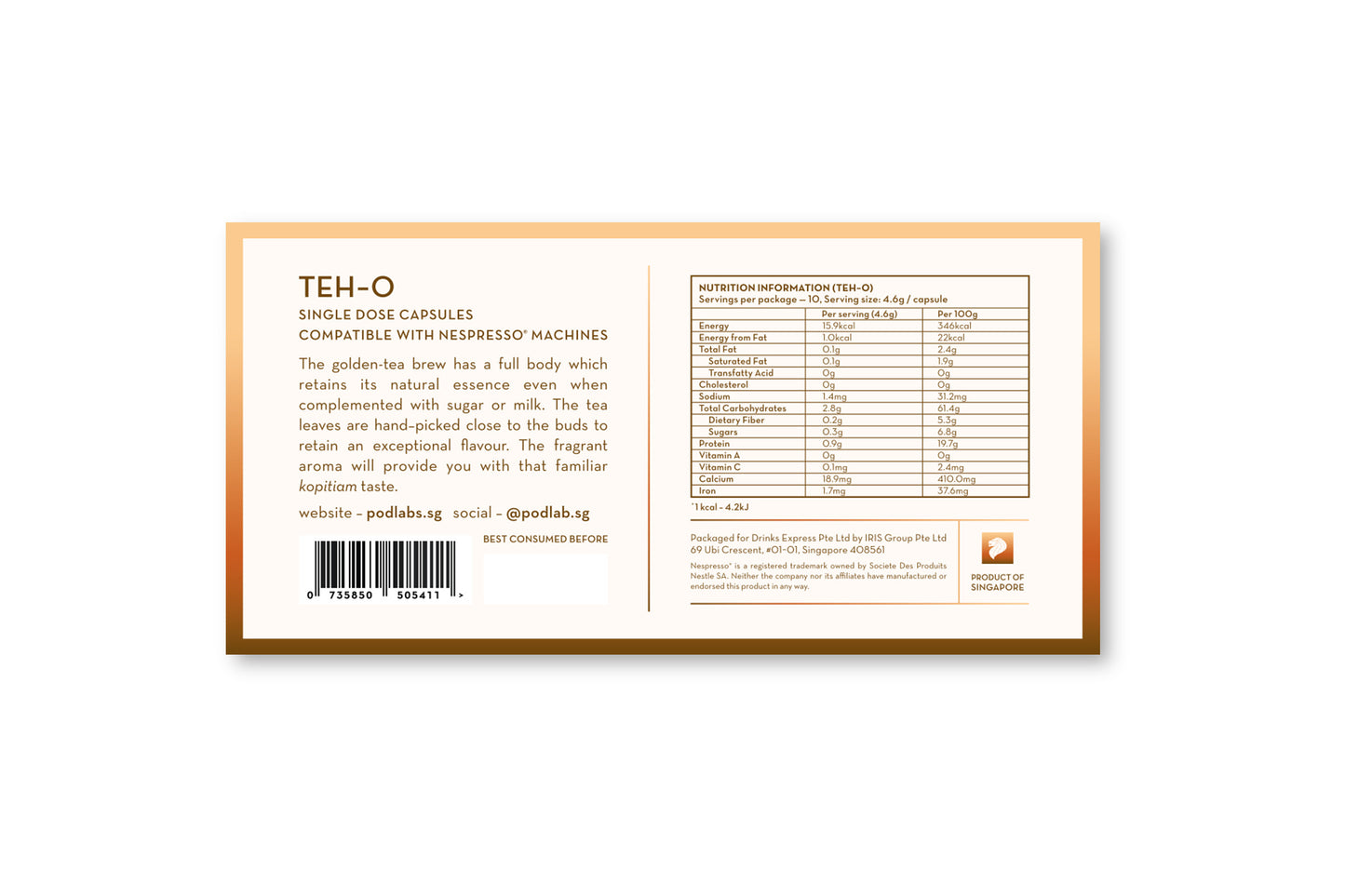 [Bundle Of 10] Pod Labs Nespresso Compatible Teh-O (10 Capsules)